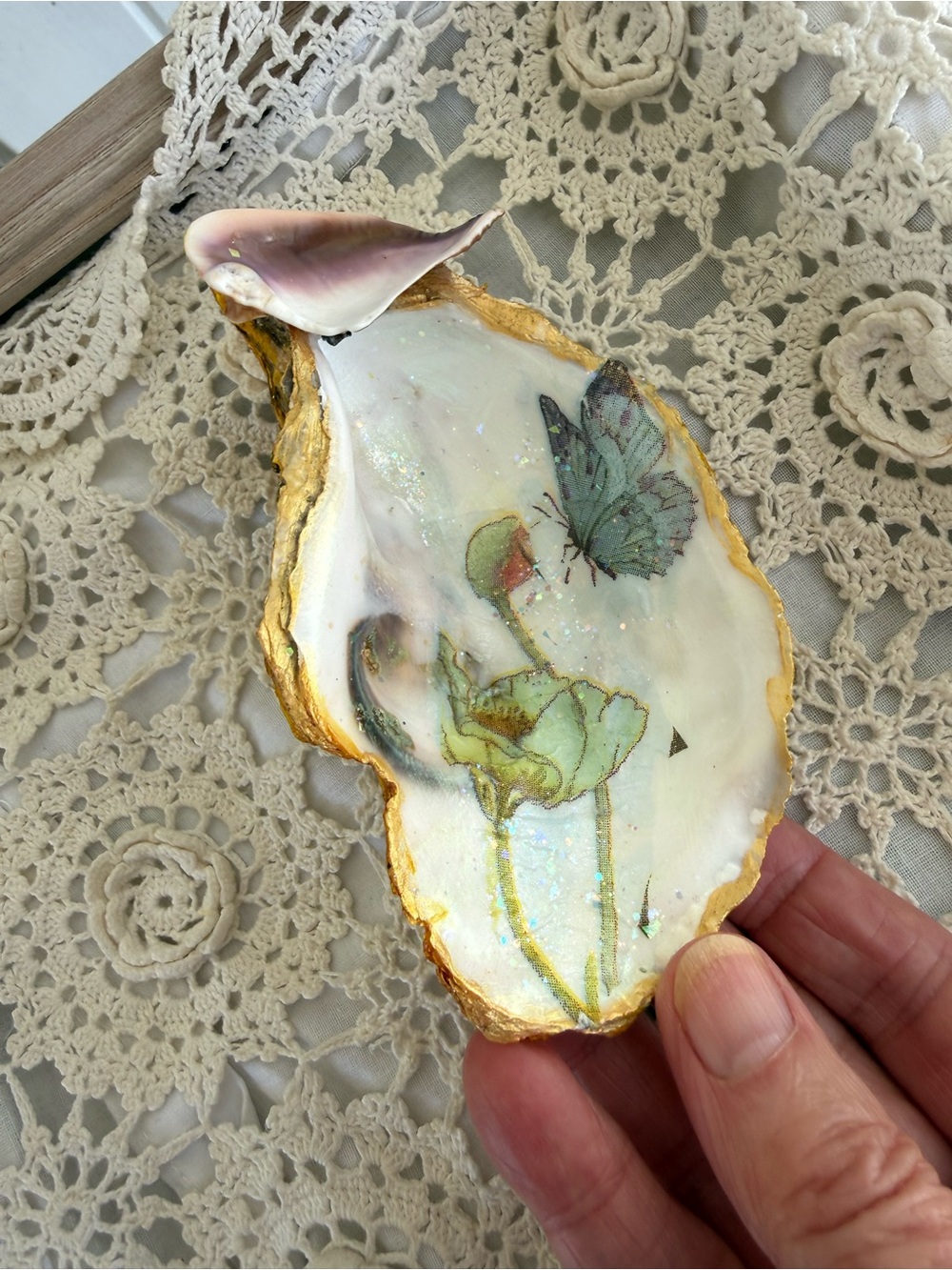 Handmade Botanical Butterfly Oyster Shell Trinket Dish 3 inch
